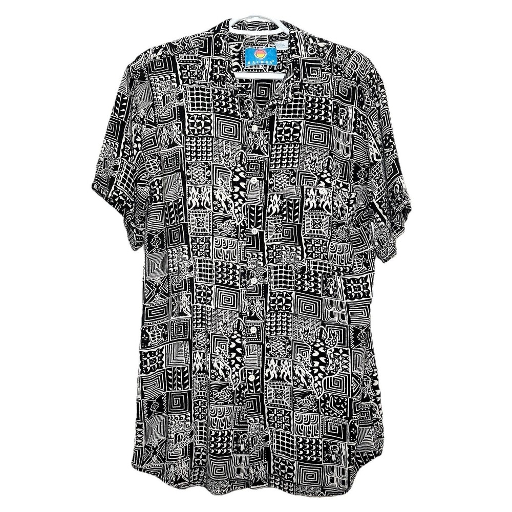 Vintage 90s Rayon Lizard Tribal Print Button Up Shirt Black White M